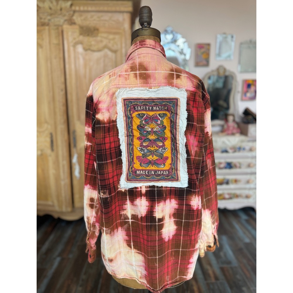 Vintage Butterfly Patch Bleached Flannel Shirt Upcycled Cotton Size Large - Picture 9 of 10